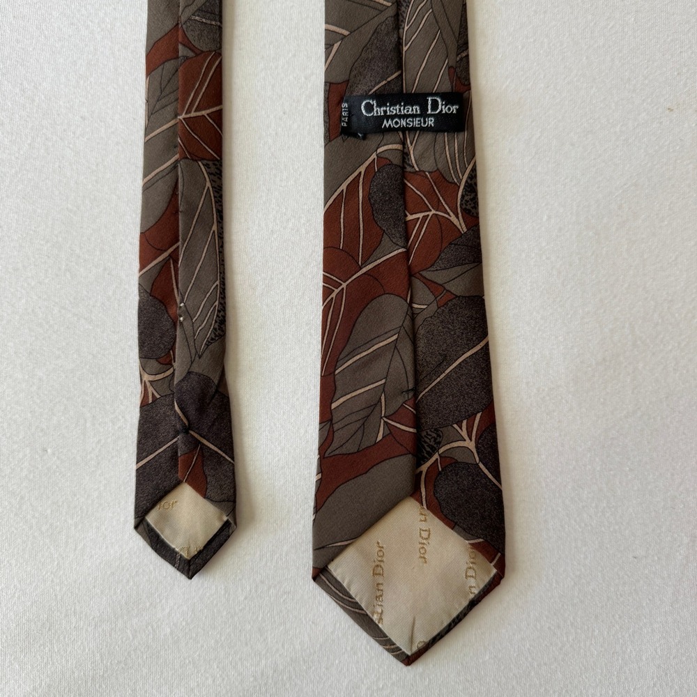 Christian Dior Monsieur Silk Tie Vintage Brown Gray Leaf Geometric Skinny Paris